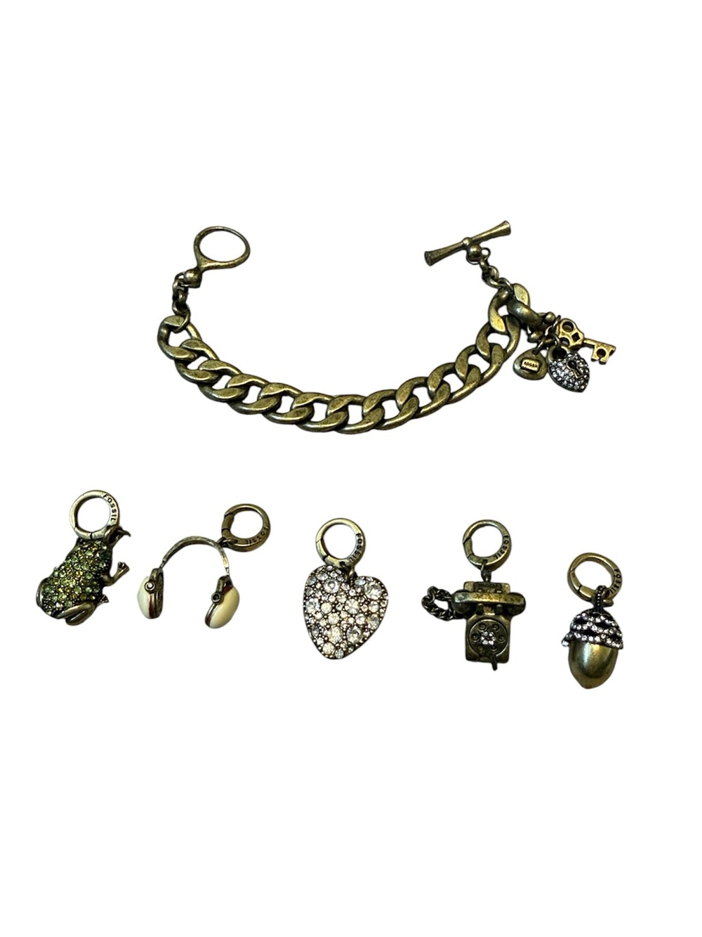 Fossil Gold Tone Charm Bracelet 5 Charms Toggle Metal Retired